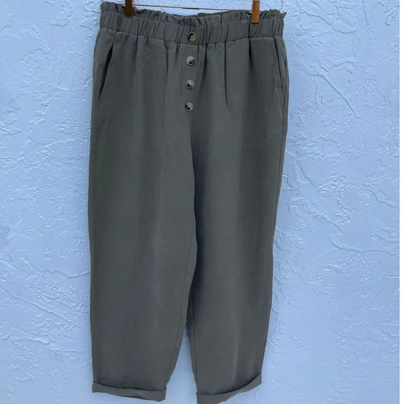 Zara Womens Cuffed Work High Waist Ankle Pants Olive Green Sz XL - Picture 1 of 10
